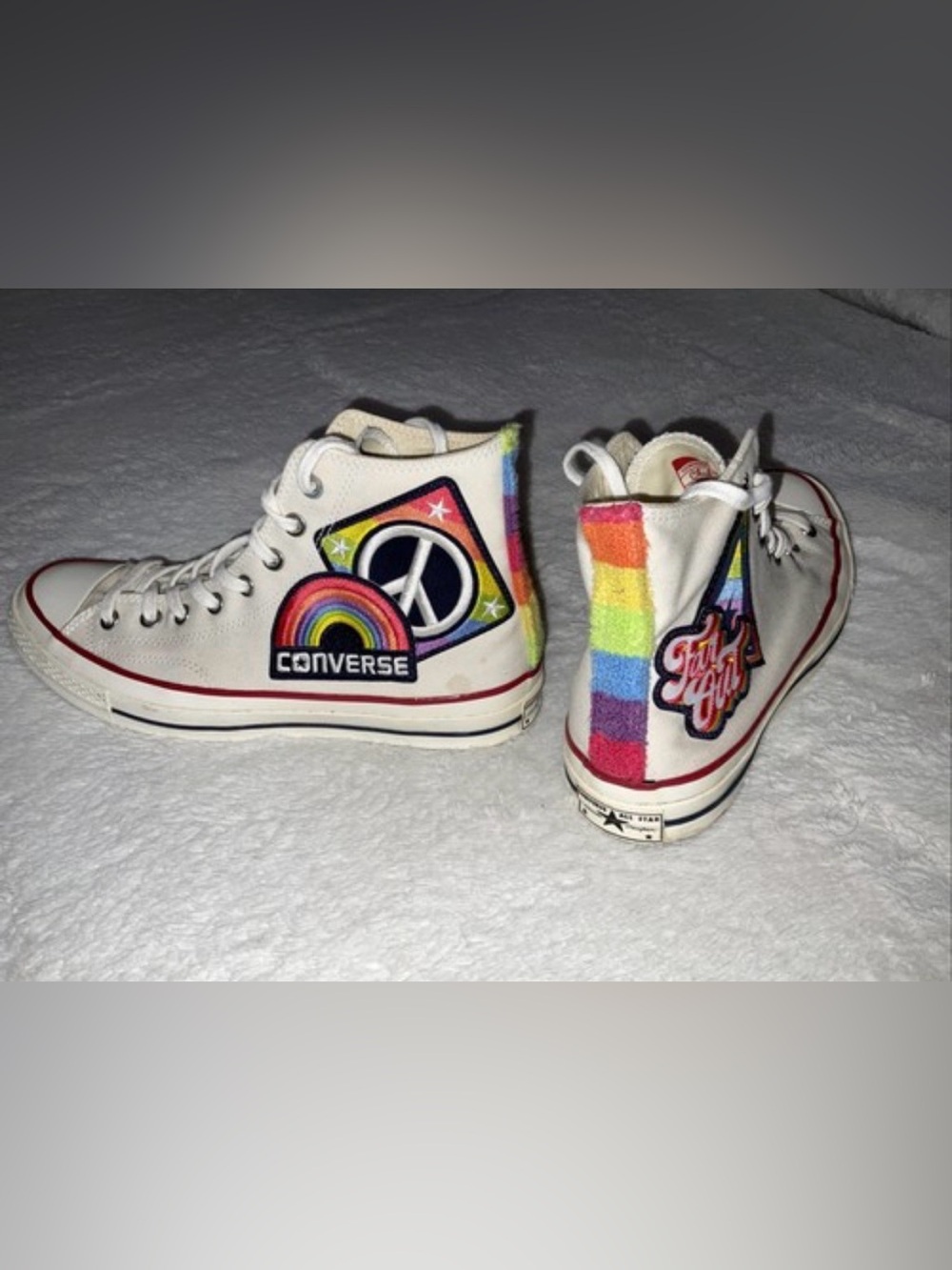 Converse High-Top Sneakers with Rainbow Peace Patches - 8.5